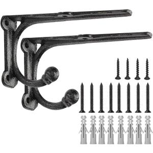 Shelf Brackets with Hooks 6 Inch, Heavy Duty Floating Shelf Bracket, Cast Iron Shelving Brackets for DIY Wall Shelves, Rustic Shelf Brackets, 2 Pack