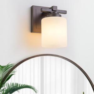 1 Light Modern Bathroom Light Fixtures Over Mirror, Bronze Finish Vanity Lights for Bathroom Wall Sconces with Milky White Glass Shades, E26 Socket (Bulbs Not Included) (Oil-Rubbed Bronze)