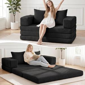 Boneless Loveseat Sofa Bed,Small Couch Bed Futon Sleeper Sofa,Convertible Pull Out Couch with Removable Armrests Backrest,Corduroy Folding Floor Boneless Couch for Living Room,Small Space,Black
