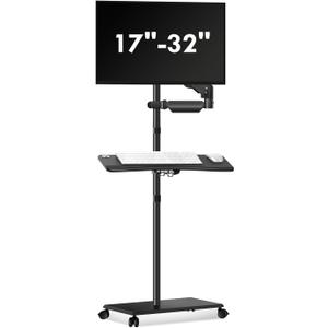 suptek Mobile Desk Workstation with Monitor Mount for up to 32" Screen, Rolling Computer Cart on Wheels,Full Keyboard Tray, CPU Holder