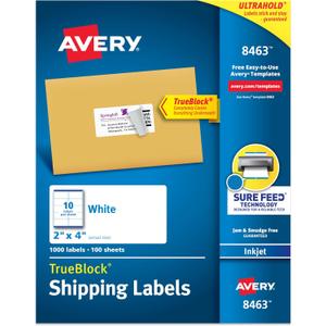 Avery Printable Shipping Labels with Sure Feed, 2" x 4" Customizable Stickers, White, 1,000 Blank Mailing Labels, Great for Mailing, Shipping, and More (8463)