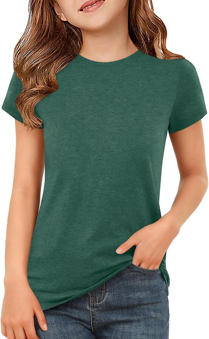 ZDC Girls Short Sleeve T Shirts Kids Summer Basic Tee Crewneck Cute Tops | Cute Tops, Solid Color, School Shirt, 5-14 Years (Green)