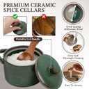 Speckled Ceramic Salt Cellar with Lid and Wooden Spoon, 2 Pcs Elegant Salt Container for Countertop, 8.7 OZ Salt Bowl for Mothers Day, Valentines, Housewarming (Green & Retro Color)