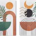 Boho Geometric Abstract Kitchen Dish Towels Set of 2, Modern Art Sun Moon Rainbow Semicircle Arch Drying Hand Towel Baking Cooking Cloth, Minimalist Palm Leaves Bathroom Home Decor 18'' x 26''