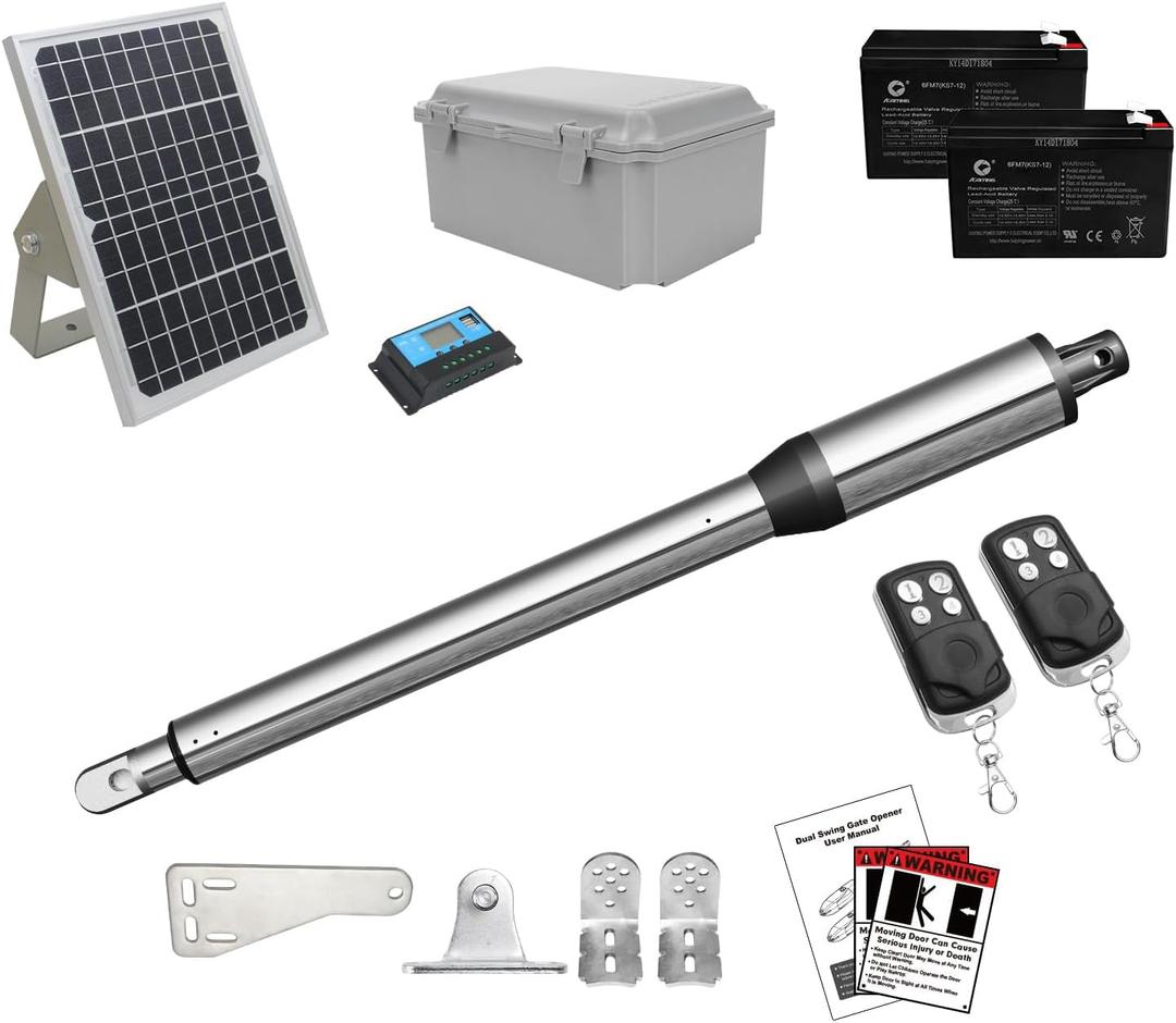 JUJIANG C01 Solar Gate Opener with Batteries & Solar Panel for Single Swing Gates Up to 440lb 12FT Automatic Gate Openers with Remote Complete Kit Light Duty Automatic Gate Openers Solar Powered