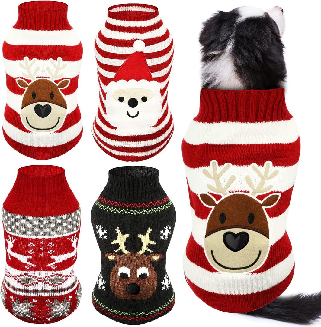 Frienda 4 Pieces Christmas Dog Sweaters Halloween Puppy Holiday Sweaters Santa Reindeer Snowman Snowflake Pumpkin Pet Clothes for Xmas Dog Cat Costume(Medium,Cute Pattern)