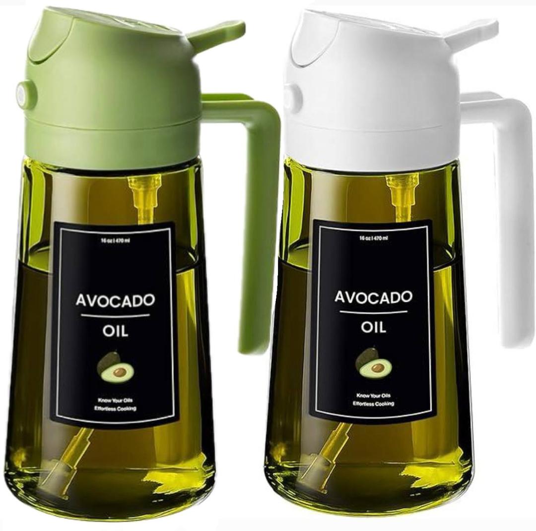 CXINYI - 16oz/470ml Olive Oil Dispenser for Kitchen with Stickers - 2 in 1 Olive Oil Sprayer for Cooking, Air Fryer, and Salad, White&Green (Light-Proof Kitchen Gadget)