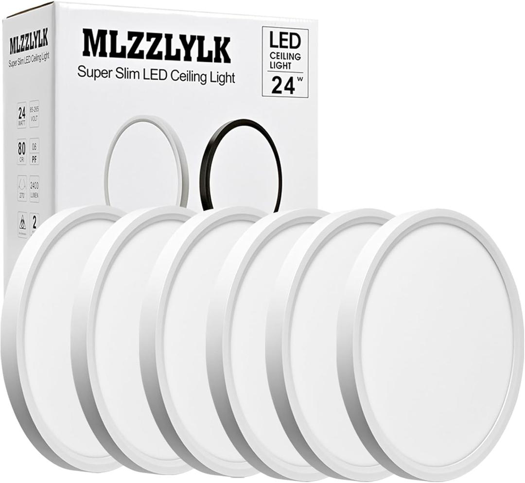 6PK 12 inch LED Flush Mount Ceiling Light Fixture,24W Super Slim LED Ceiling Light 2400LM,3000K/4000K/6000K CCT Selectable,Close to Ceiling Round Flat Panel Light for Bedroom,Kitchen,Hallway (White)