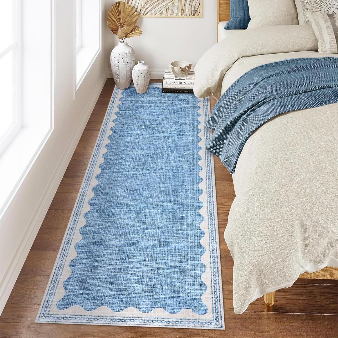 Scalloped Rug 2x6 Runners for Hallways, Solid Blue Runner Rug Non Slip Scalloped Bath Runner, Washable Rugs for Bedroom Girls, Rugs for Kitchen Floor Soft Dorm Nursery Carpet for Bedside
