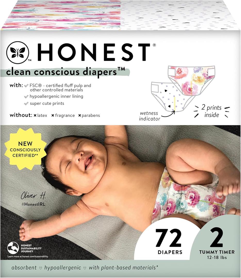 The Honest Company Clean Conscious Diapers for Sensitive Skin | Hypoallergenic, Fragrance Free | Girl Prints | Club Box, Size 2 (12-18 lbs), 72 Count (Size 2 (72 Count), Young at Heart + Rose Blossom)