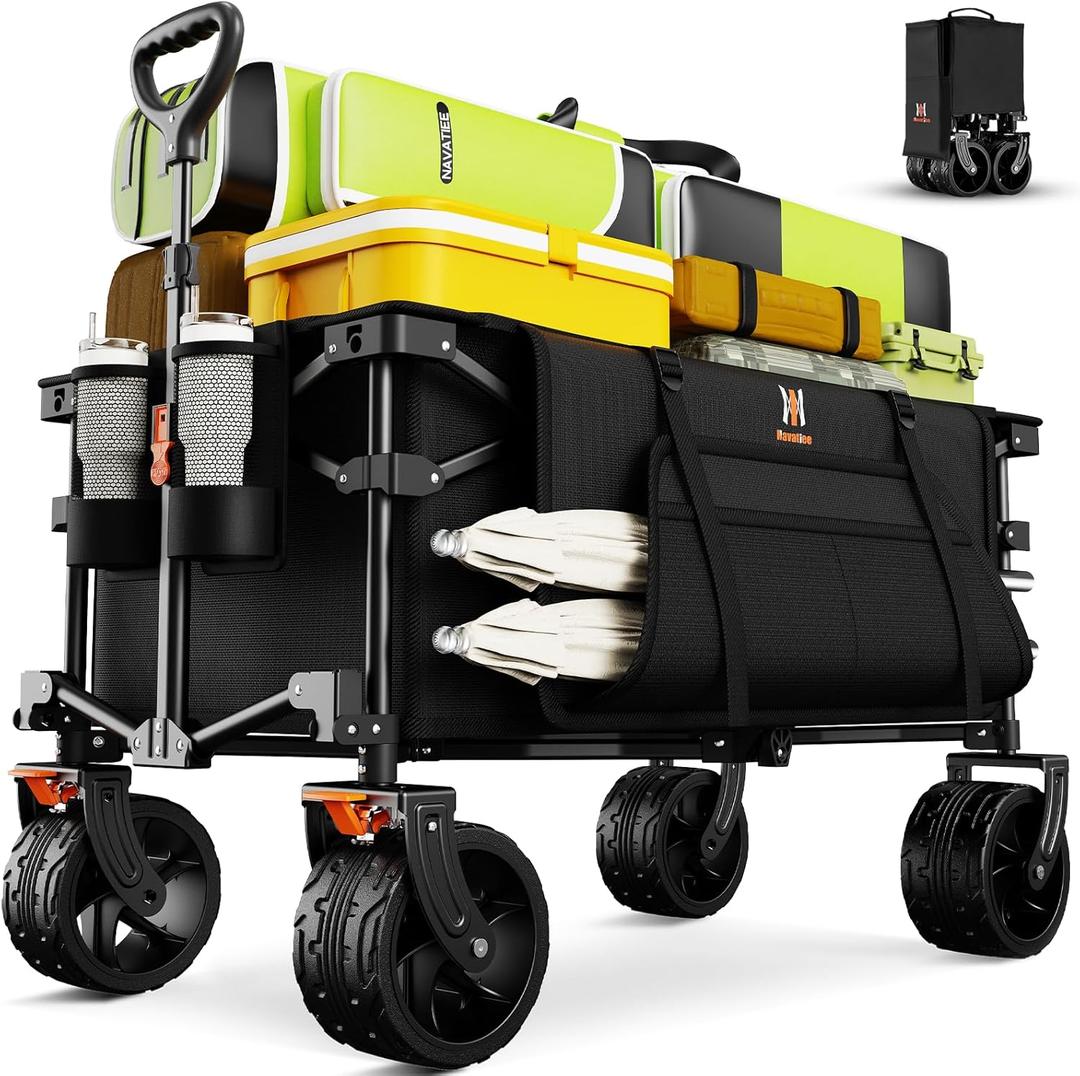 Navatiee Big Wheels Collapsible Wagon Cart Foldable, Heavy Duty Beach Wagon with Silent All-Terrain Wheels, Folding Utility Grocery Cart with Side Pocket and Brakes for Camping Garden Sports, Black (140L)