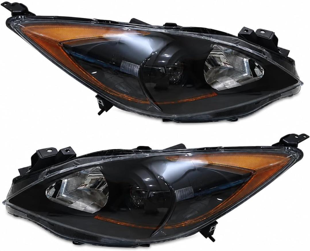 Headlight Assembly Pair with Bulbs for 2010-2013 Mazda 3 4-Door Sedan, Black Housing, Driver and Passenger Side