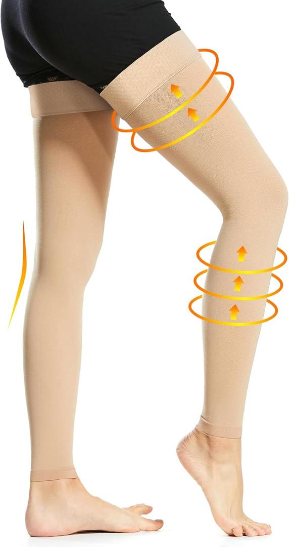 Ailaka Medical Compression Stockings for Women Men, Thigh High Footless 20-30mmHg Graduated Compression Socks with Silicone Band for Varicose Veins, Edema, Post-Surgery (Large (1 Pair), Beige)