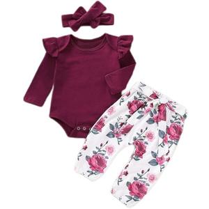 Newborn Baby Girl Clothes, Infant Girl Outfits Long Sleeve Ruffle Romper + Floral Pants + Headband Set (3-6 Months, Purple & White)