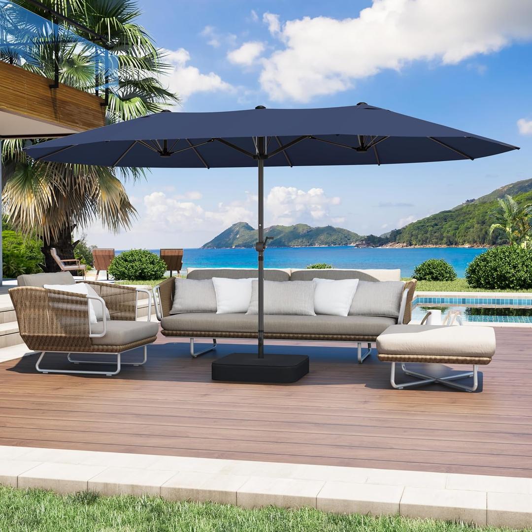 GDPFN 15ft Patio Umbrella with Base Include, Large Outdoor Double-Sided Rectangle Umbrella with Easy Crank Handle for Poolside, Garden & Deck - Navy Blue