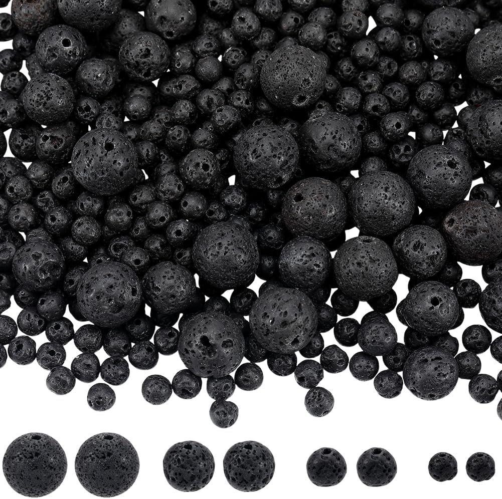580Pcs 4mm 6.5mm 8mm 10mm Black Lava Beads Natural Lava Rock Beads Round Ball Small Loose Spacer Stone Charms Findings Accessories for Jewelry Making Necklaces Bracelets DIY Crafts Decor