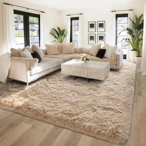 FinRec 6x9 Feet Tan Rugs for Living Room Bedroom, Fluffy Plush Area Rug, Non-Slip High Pile Shaggy Rug for Kids Room Dorm Room Home Decor, Indoor Solid Shag Floor Carpet
