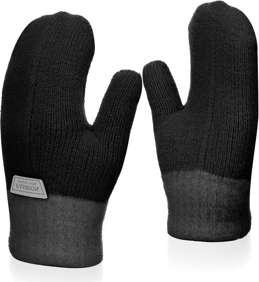 3 x Kids Double Layer Warm Knit Mittens, Girls Boys Winter Outdoor Lined Gloves Cute Full Finger Children Knit Gloves for 4-8 Years (Black)