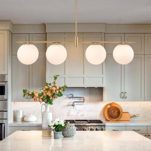 45.3" Modern Linear Chandelier 4-Lights Milk Glass Globe Linear Pendant Light Fixture Brushed Gold Mid Century Chandelier Kitchen Island Dining Room Light Fixture Over Table