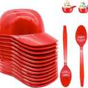 Baseball Helmet Ice Cream Bowls with Spoons, Plastic Mini Baseball Cap Bowls for Party (8 oz) (Red)