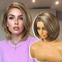KOME Brown mix Blonde Synthetic Lace Front Wig,Side Part Short Layered Straight Glueless Bob Wig for White Women Daily Use 12IN (#F8/27/88)