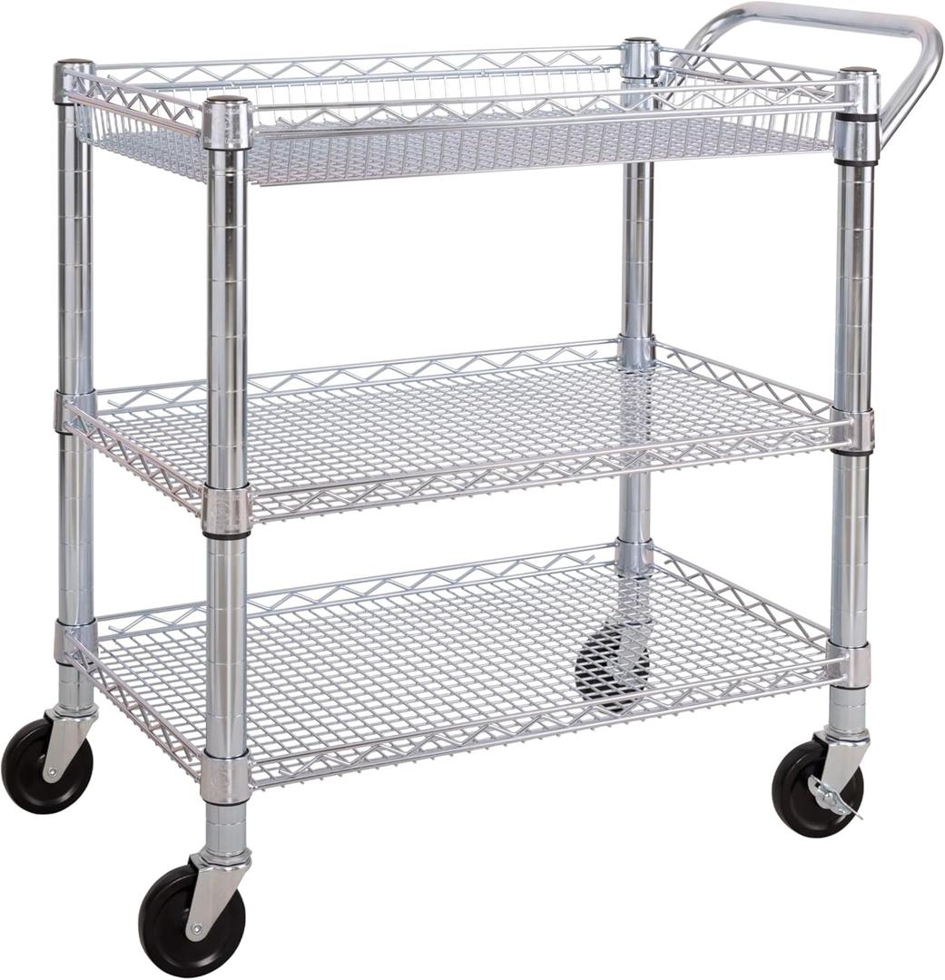 Seville Classics UltraDurable NSF Commercial Heavy Duty Metal Rolling Utility Cart, Handle Bar for Restaurant, Garage, Warehouse, Kitchen, Office, Deep Top Basket (34.8"W x 18.25"D) (Steel)