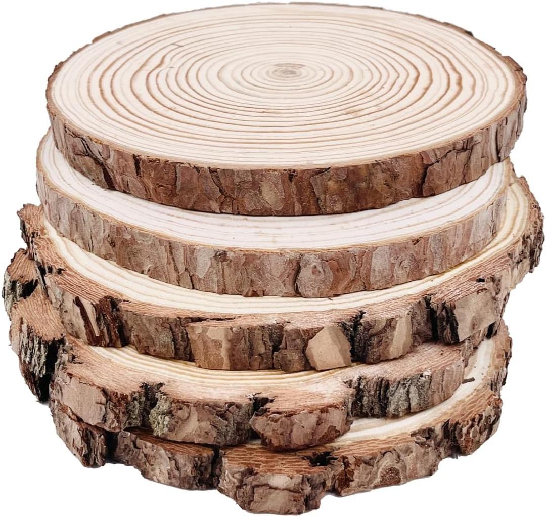 Unfinished Natural with Tree Bark Wood Slices 5 Pcs 7-8 inch Disc Coasters Wood Coaster Pieces Craft Wood kit Circles Crafts Christmas Ornaments DIY Crafts with Bark for Crafts Rustic Wedding