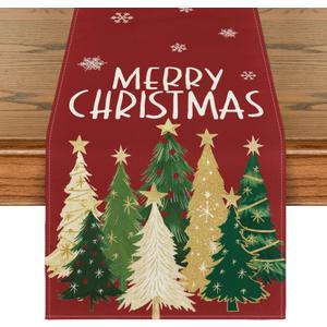 Artoid Mode Xmas Trees Snowflakes Red 210 GSM Merry Christmas Table Runner, Winter Kitchen Dining Table Decoration for Home Party Decor 13x108 Inch