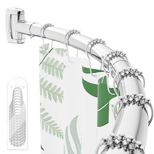 ENJOYBASICS Curved Shower Curtain Rod with Shower Rings, Adjustable Round Bathroom Rod for Extra Space, Rustproof, Need to Drill, Silver, 35-77 Inches