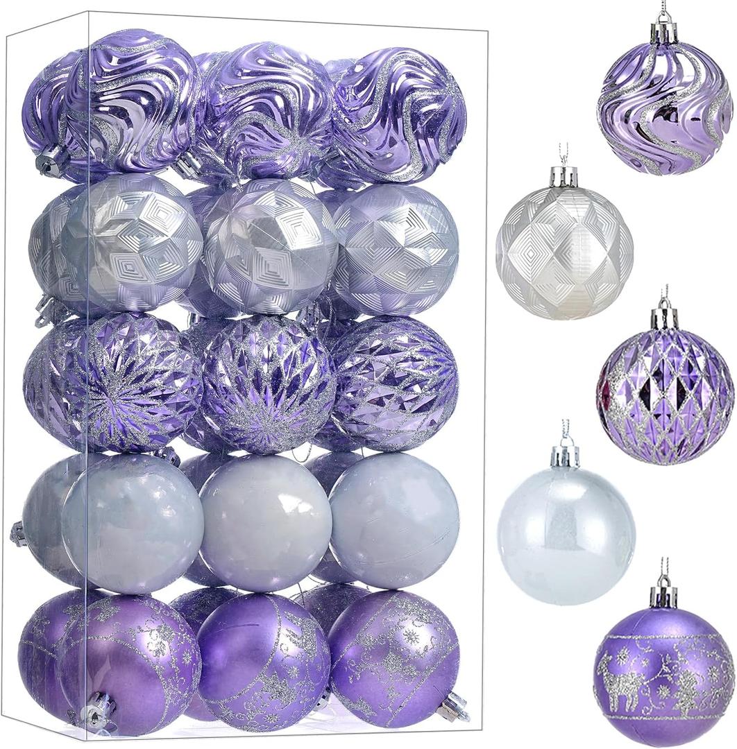 30ct Christmas Ball Ornaments Shatterproof Christmas Hanging Tree Decorative Balls for Party Holiday Wedding Decor Purple Silver, 2.36", 60mm