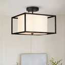 15.7" Industrial Drum Ceiling Light - Semi Flush Mount with Black Metal Frame & Fabric Shade for Bedroom, Hallway, Kitchen