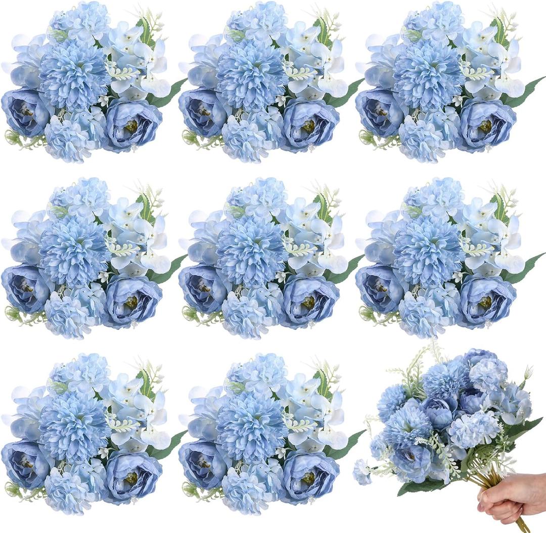 Lyrow 8 Pcs Peony Artificial Flowers Fake Silk Hydrangea Bouquet Elegant Peony Flowers for Wedding Decoration Faux Realistic Floral for Home Party Table Centerpieces Arrangement (Gradiente Blue)