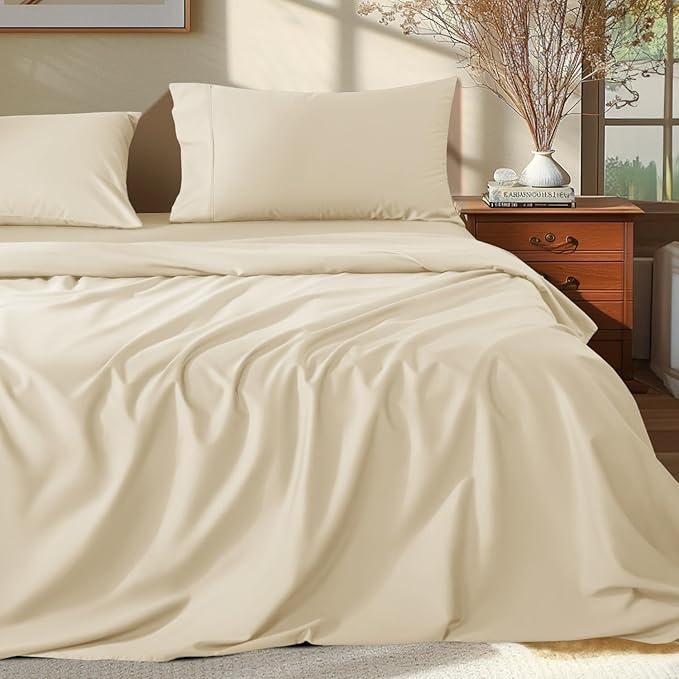 Shilucheng 100% French Linen Sheets - Queen Size Bed Sheets, Breathable & Cooling Pure Linen Sheets,Soft Durable and Tear Resistant -16 Inch Deep Pocket - 6Pcs 
(Beige, Queen)
