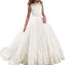 Princess Lilac Long Girls Pageant Dresses Kids Prom Puffy Tulle Ball Gown (6, Ivory)