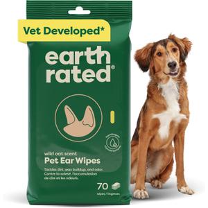 Earth Rated Vet-Developed Pet Ear Wipes, Hypoallergenic Cleaner for Dogs & Cats Ears to Remove Dirt and Wax Build Up, Wild Oat Scent, 70 Count