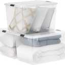 IRIS USA 144 Qt Stackable Plastic Storage Bins with Lids, 3 Pack - BPA-Free, See-Through Organizing Solution, Latches, Durable Nestable Containers, Secure Pull Handle, Made in USA - Clear