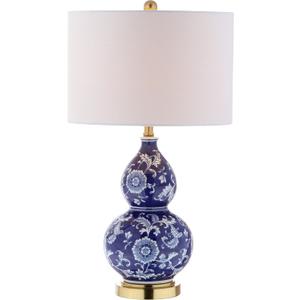 JONATHAN Y 27" Blue/White Ceramic Chinoiserie Table Lamp, Traditional Floral Double Gourd Vase Lamp with White Linen Drum Shade, Brass Gold Base, LED Bulb Included JYL3003A