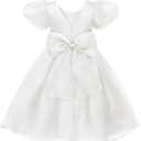 Uhnice Flower Girl Tulle Dress Toddler Puff Sleeve V-Back Dresses for Wedding Party (White, Small)