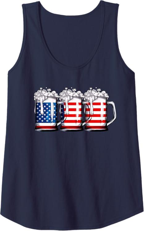 Beer American Flag 4th of July Men Women Merica Drinking USA Tank Top, Navy Blue, M