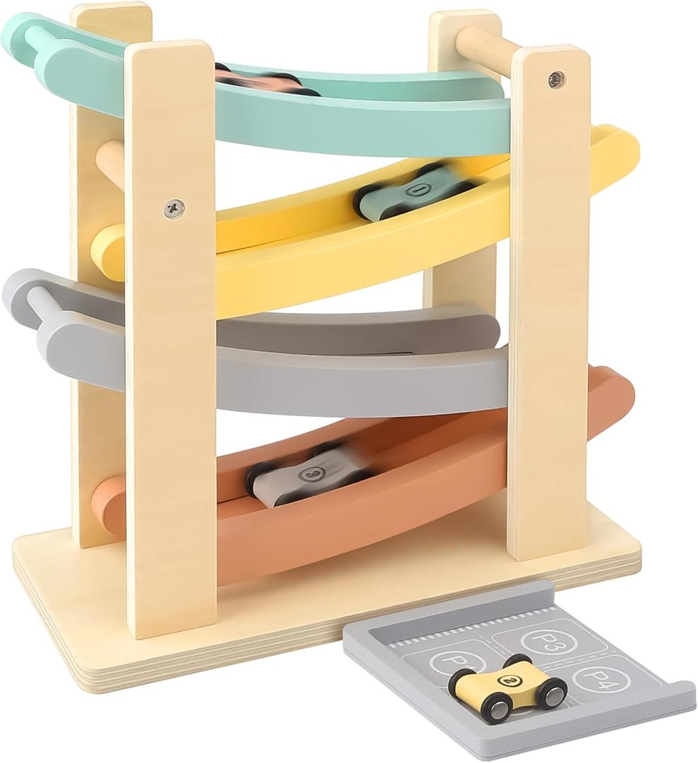 Joyreal Montessori Toddler Toys for 1 2 Year Old - 4 Level All-Wooden Car Ramp Racer Toys with 4 Mini Cars & Garages - Christmas Birthday Gifts for 1-3 Year Old Boys and Girls