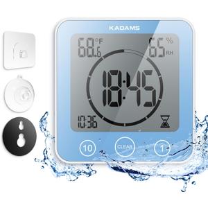 KADAMS Shower Clock Waterproof Bathroom Timer Digital Wall Clock with Countdown, Magnetic Kitchen Clock with Temperature & Humidity, Suction Cup for Kids Shower Spa Sauna Cook Bath, Blue