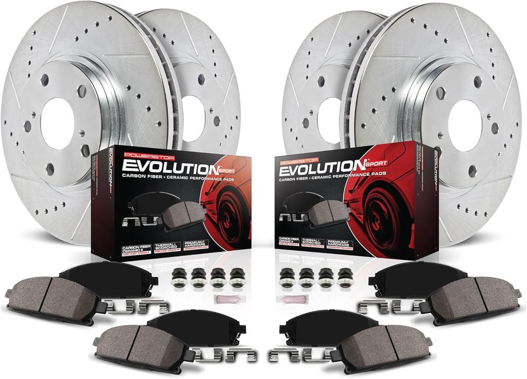 PowerStop Front and Rear Brake Kit For Toyota RAV4 Prime 2021-24 | Toyota Sienna 2021-24 - Drilled and Slotted Disc Rotors with Ceramic Brake Pads Replacement, K8736