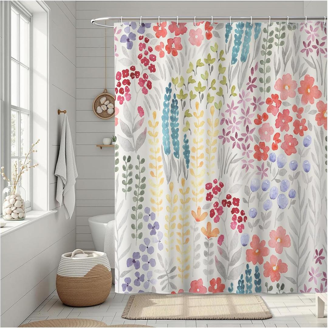 Cute Abstract Floral Shower Curtain, Watercolor Colorful Wildflowers and Plant Leaves, Waterproof Polyester Fabric Shower Curtains Sets with Hooks for Bathroom 72x72 Inches 