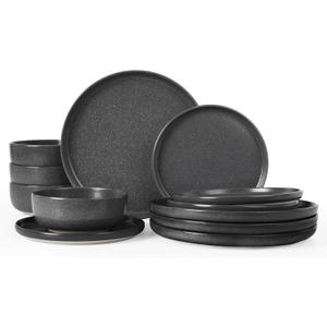 Famiware Milkyway Plates and Bowls Sets, 12 Pieces Dinnerware Sets, Reactive Glaze Dish Set, Stoneware Dishes Set for 4, Matte Dark Charcoal