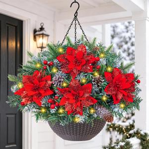 Christmas Hanging Baskets with Lights for Outdoors, Christmas Porch Decor