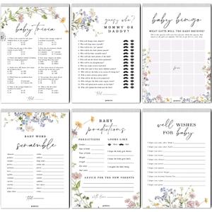 Baby Shower Games Set for 25 Guests - 6 Fun Activities, 50 Double-Sided Cards (Floral)