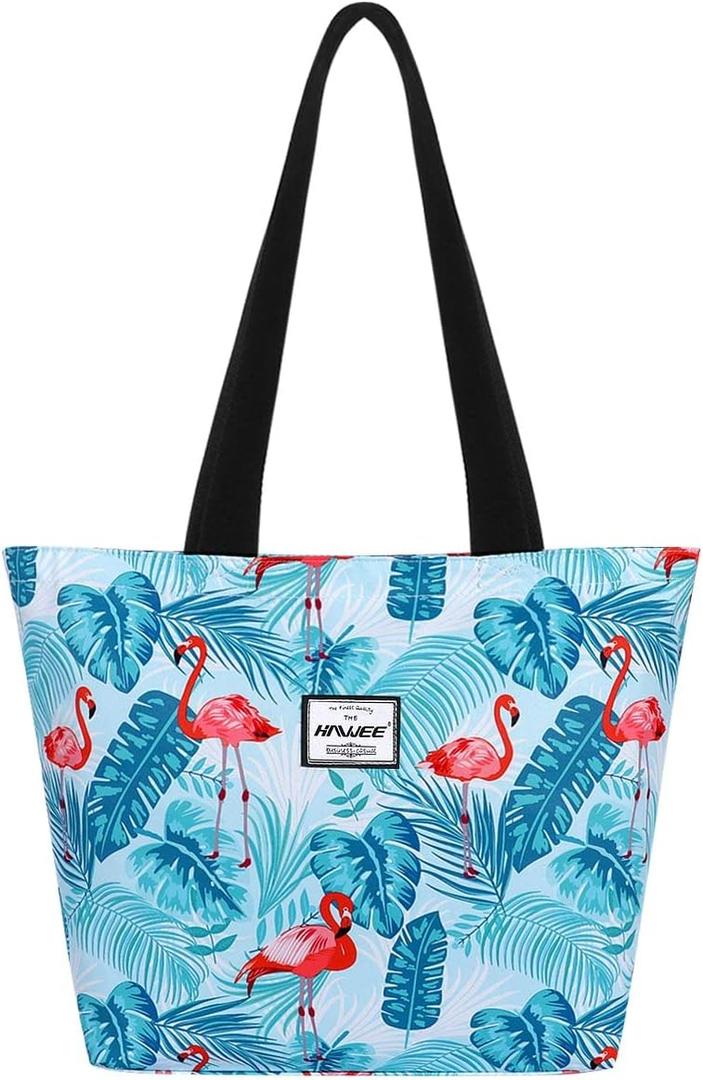 Tote Bag with Zipper for Women Inside Mesh Pocket Heavy Duty Casual Anti-water Cloth Travel Shoulder Handbag (Flamingo Blue)