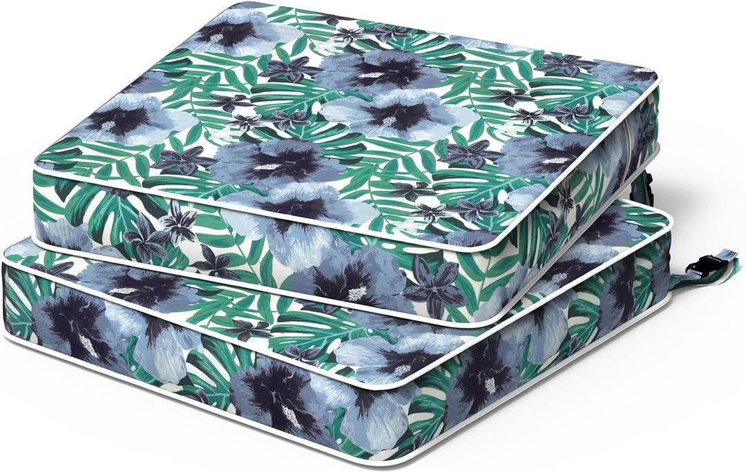 Patio Chair Cushions 19 x 19 x 3 Inch, Outdoor Cushions for Patio Furniture, Water Repellent Outdoor Seat Cushions with Straps Garden Sofa Couch Pads, Set of 2,Blue Salmone Tropical