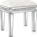 Mirrored Vanity Stool with Crushed Diamond Inlay Velvet Cushion 19.7'' Tall Stylish Makeup Chair for Bedroom, Vanity Chair, Ottoman for Living Room, White