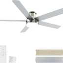 52 Inch Brushed Nickel Ceiling Fan with Light, Flush Mount and Remote Control, Dimmable 3-Color Temperature LED, 6-Speed Reversible DC Motor, 5-Blade Modern Design for Indoor or Outdoor